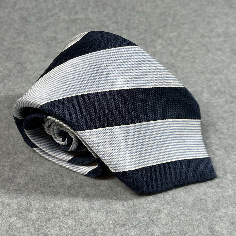 Peter Millar Silk Tie Navy Blue Striped Repp Classic Hand Folded Designer 59x3.2